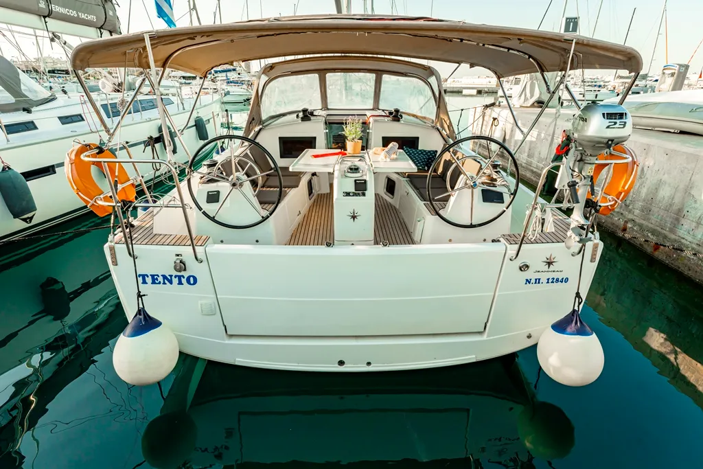 Cockpit of Tento, a Jeanneau Sun Odyssey 410 sailboat at Municipal Unit of Rhodes, Greece
