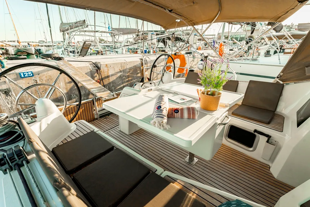 Cockpit of Tento, a Jeanneau Sun Odyssey 410 sailboat at Municipal Unit of Rhodes, Greece
