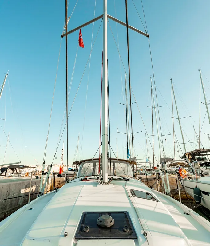 Exterior view of Tento, a Jeanneau Sun Odyssey 410 sailboat at Municipal Unit of Rhodes, Greece
