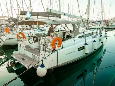 Exterior view of Tento, a Jeanneau Sun Odyssey 410 sailboat at Municipal Unit of Rhodes, Greece