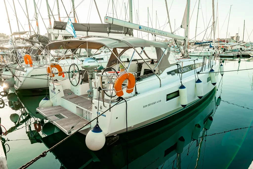 Exterior view of Tento, a Jeanneau Sun Odyssey 410 sailboat at Municipal Unit of Rhodes, Greece
