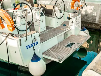 Deck of Tento, a Jeanneau Sun Odyssey 410 sailboat at Municipal Unit of Rhodes, Greece