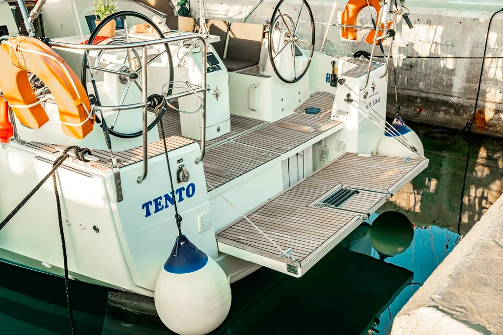 Deck of Tento, a Jeanneau Sun Odyssey 410 sailboat at Municipal Unit of Rhodes, Greece