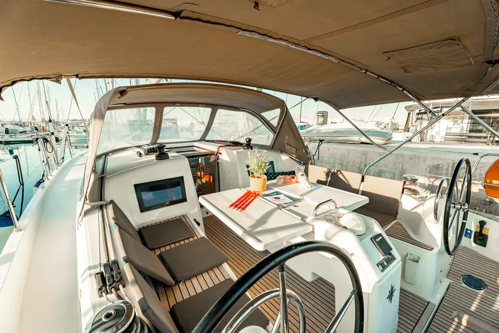 Cockpit of Tento, a Jeanneau Sun Odyssey 410 sailboat at Municipal Unit of Rhodes, Greece