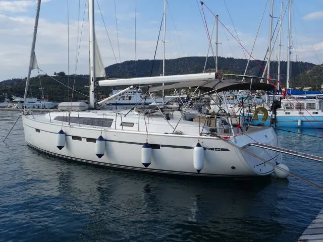 Exterior view of Rea, a Bavaria Cruiser 46 sailboat at Municipal Unit of Lefkada, Greece