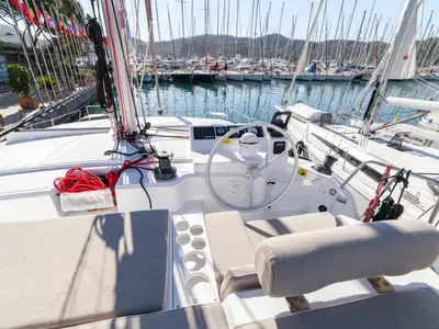 Cockpit of Sail Solaris, a Bali Catspace catamaran at Marmaris, Turkey