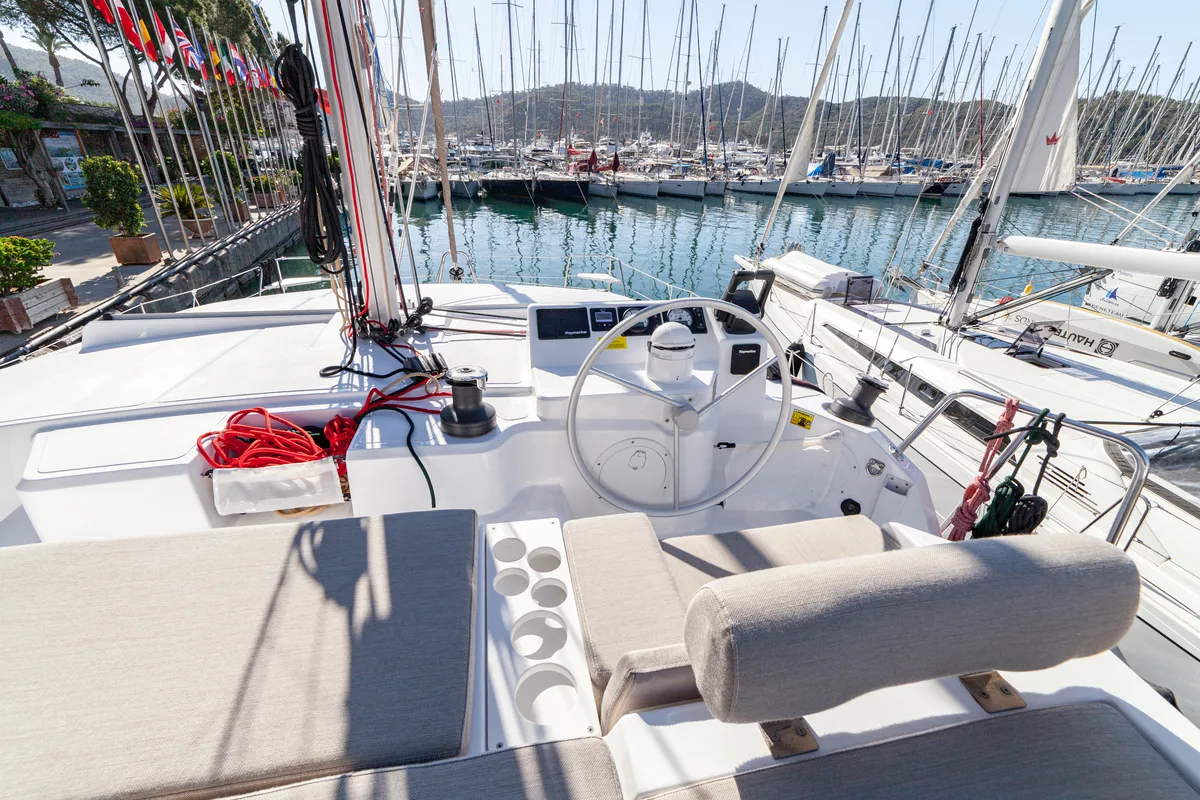 Cockpit of Sail Solaris, a Bali Catspace catamaran at Marmaris, Turkey