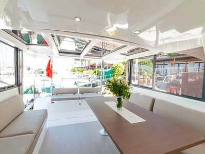 Salon of Sail Solaris, a Bali Catspace catamaran at Marmaris, Turkey