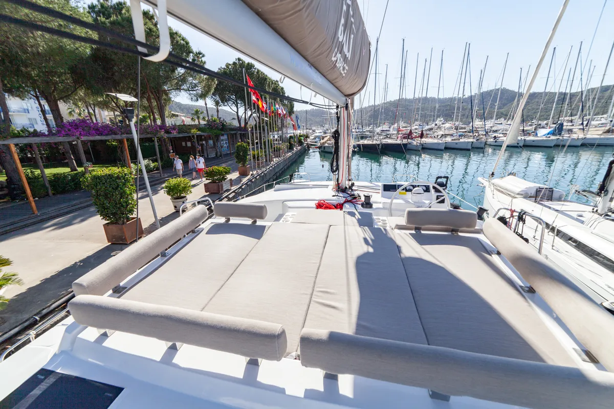 Deck of Sail Solaris, a Bali Catspace catamaran at Marmaris, Turkey