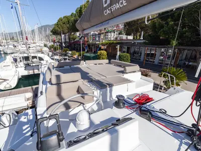 Cockpit of Sail Solaris, a Bali Catspace catamaran at Marmaris, Turkey