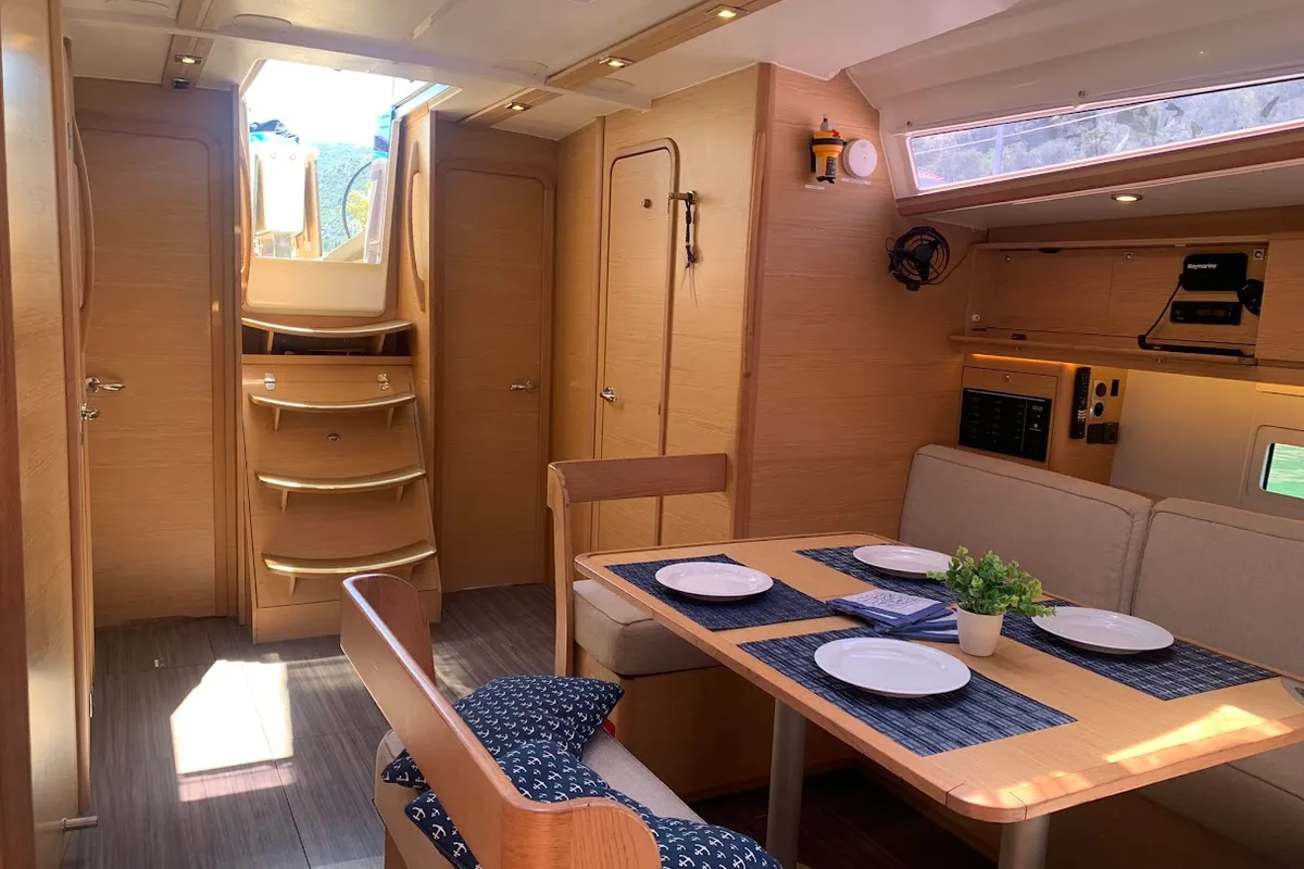 Salon of Ithaki, a Dufour 430 sailboat at Preveza, Greece