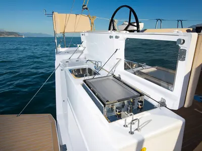 Deck of Ithaki, a Dufour 430 sailboat at Preveza, Greece