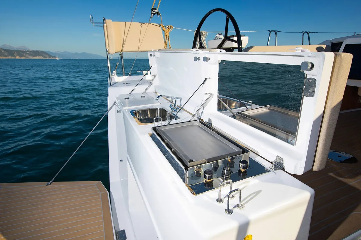 Deck of Ithaki, a Dufour 430 sailboat at Preveza, Greece