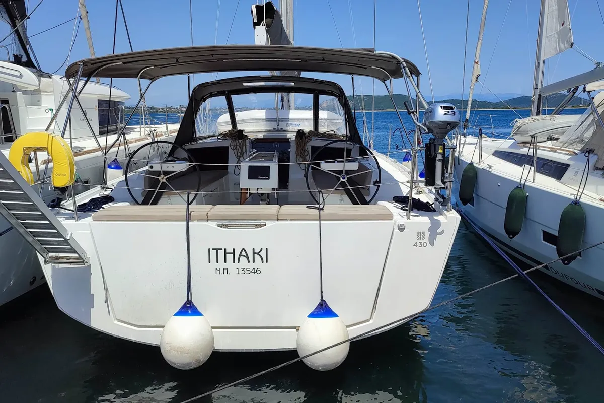 Exterior view of Ithaki, a Dufour 430 sailboat at Preveza, Greece