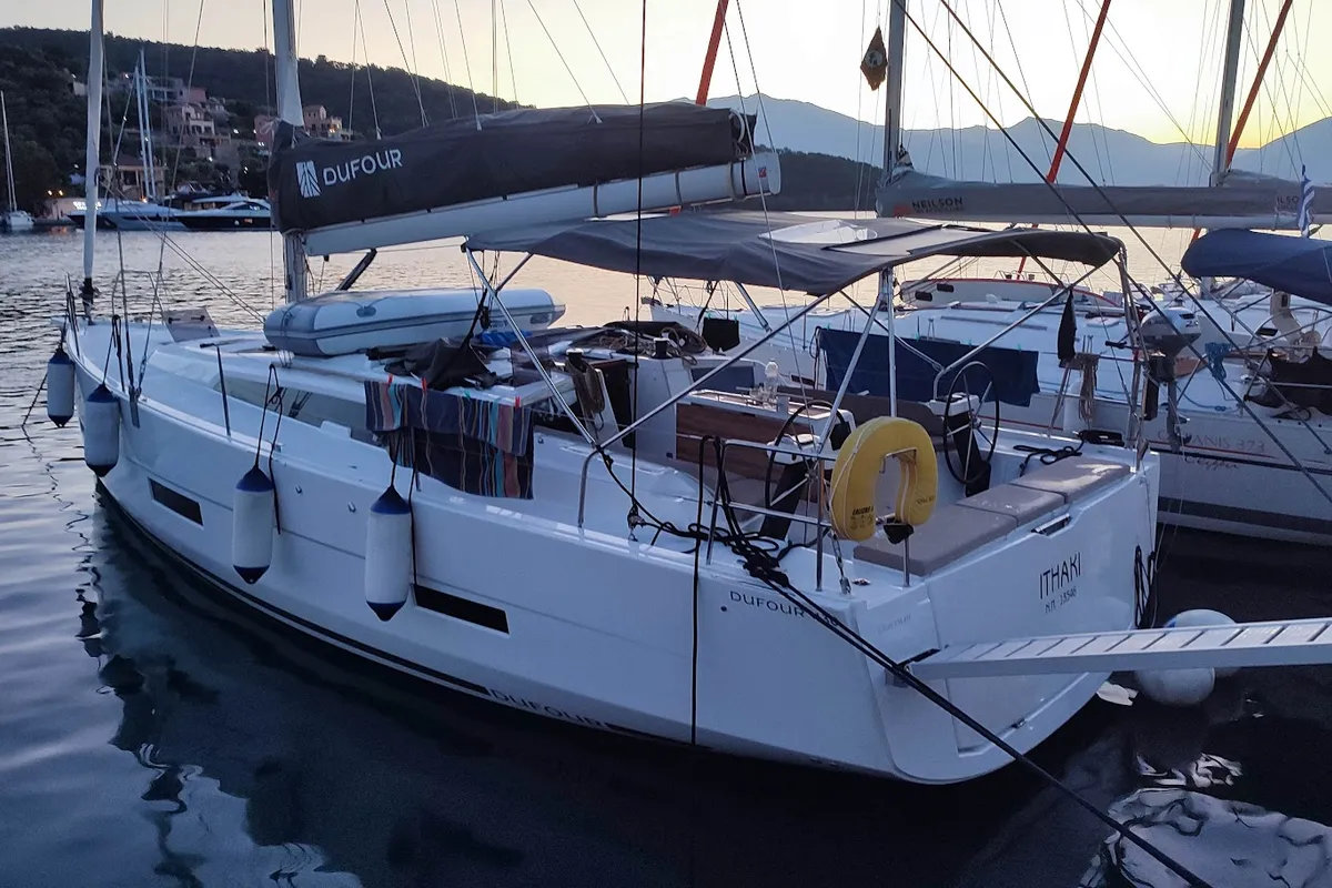 Exterior view of Ithaki, a Dufour 430 sailboat at Preveza, Greece