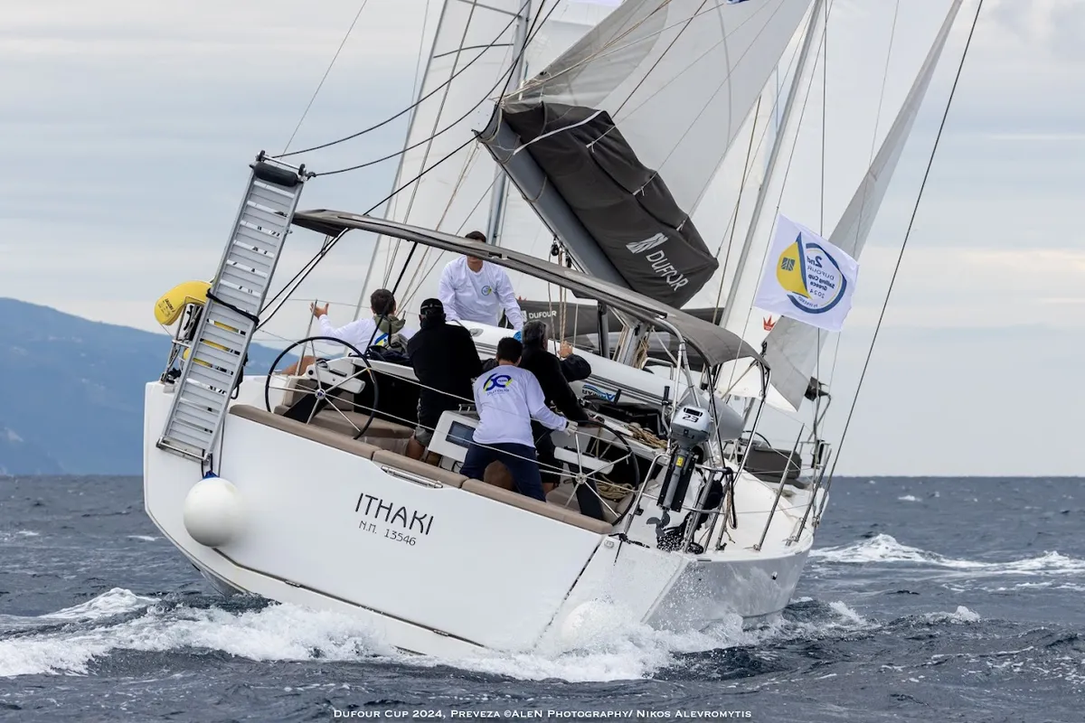 Exterior view of Ithaki, a Dufour 430 sailboat at Preveza, Greece