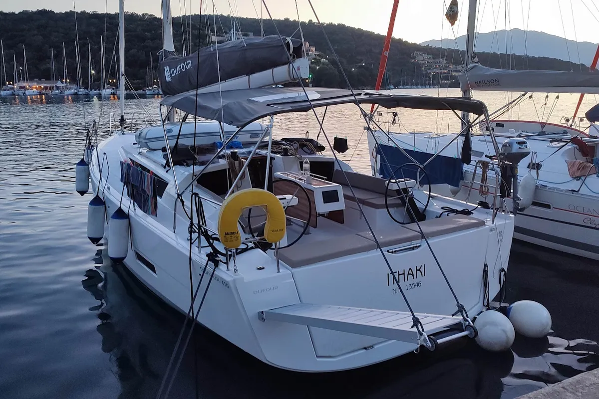 Exterior view of Ithaki, a Dufour 430 sailboat at Preveza, Greece