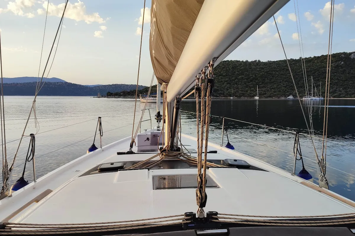 Deck of Ithaki, a Dufour 430 sailboat at Preveza, Greece