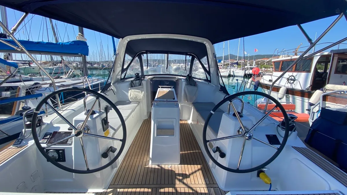 Cockpit of Polis, a Beneteau Oceanis 35.1 sailboat at Rosignano Solvay, Italy