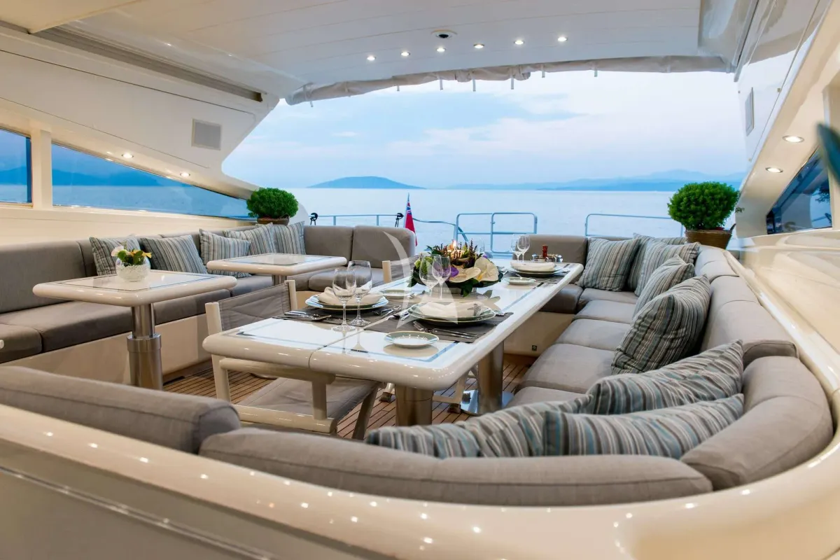 Deck of Atrato, a Gulet Arno Leopard 27 motor yacht at Athens, Greece