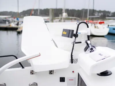 Cockpit of Avel Vaez, a Marsaudon Composites ORC 57 catamaran at Simpson Bay, Sint Maarten