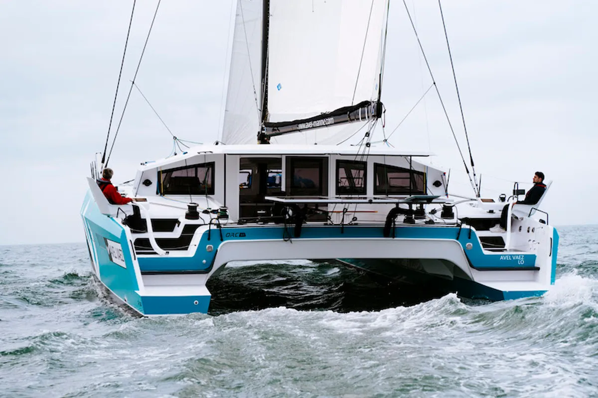 Exterior view of Avel Vaez, a Marsaudon Composites ORC 57 catamaran at Simpson Bay, Sint Maarten