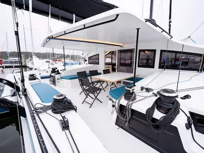 Deck of Avel Vaez, a Marsaudon Composites ORC 57 catamaran at Simpson Bay, Sint Maarten
