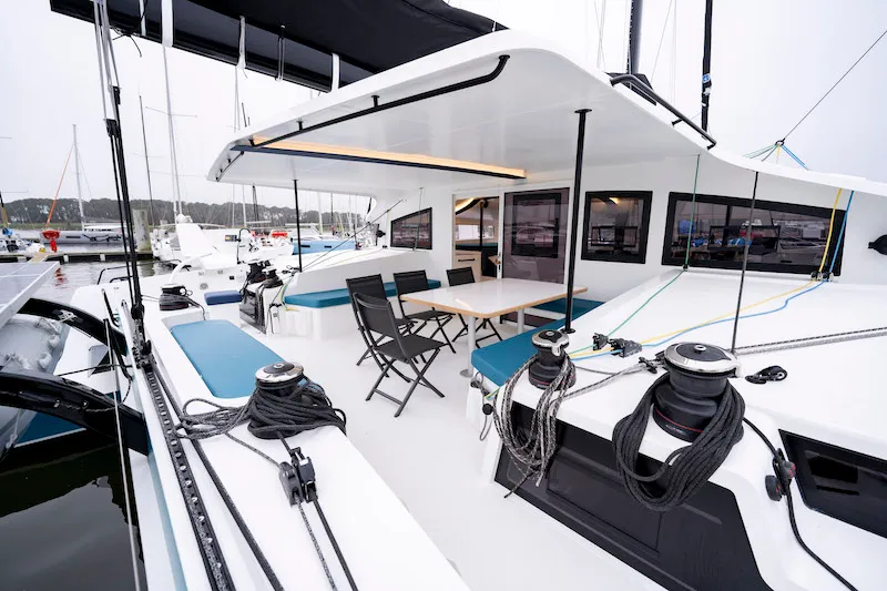 Deck of Avel Vaez, a Marsaudon Composites ORC 57 catamaran at Simpson Bay, Sint Maarten