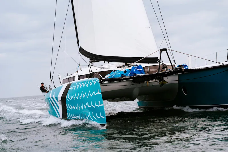 Exterior view of Avel Vaez, a Marsaudon Composites ORC 57 catamaran at Simpson Bay, Sint Maarten