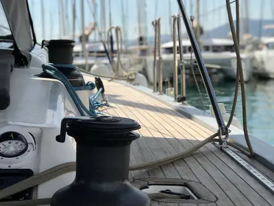 Deck of Athene, a More 55 sailboat at Grad Kaštela, Croatia