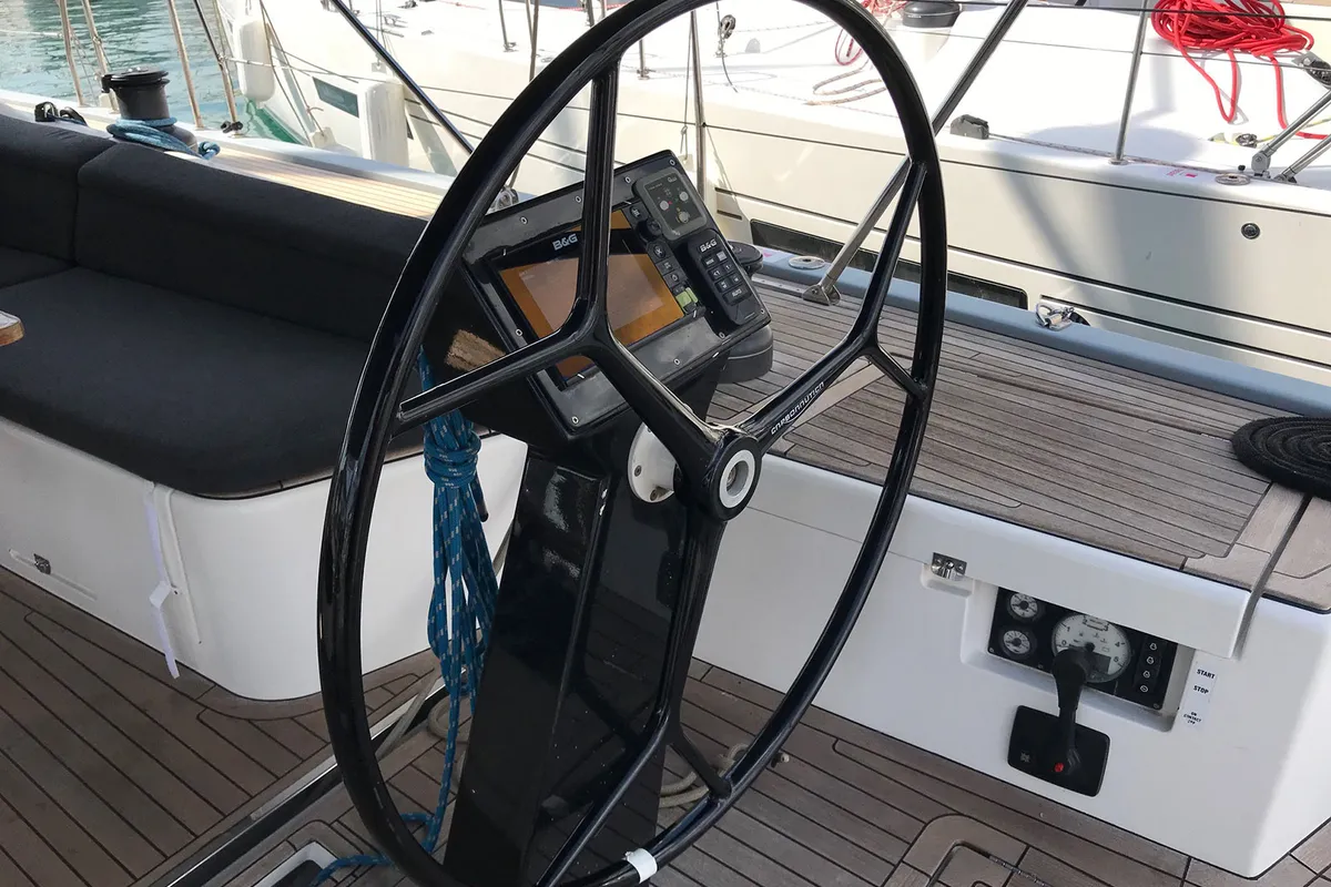 Cockpit of Athene, a More 55 sailboat at Grad Kaštela, Croatia