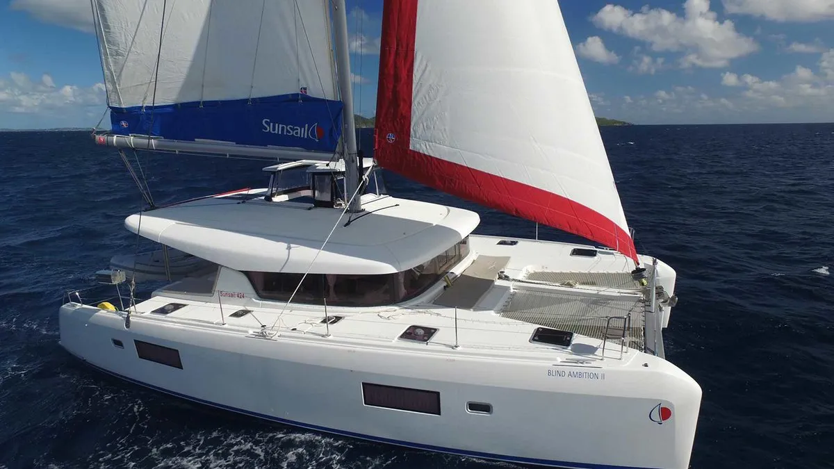Exterior view of Sunsail Lagoon 424 Classic, a Lagoon 42 catamaran at Municipal Unit of Lefkada, Greece