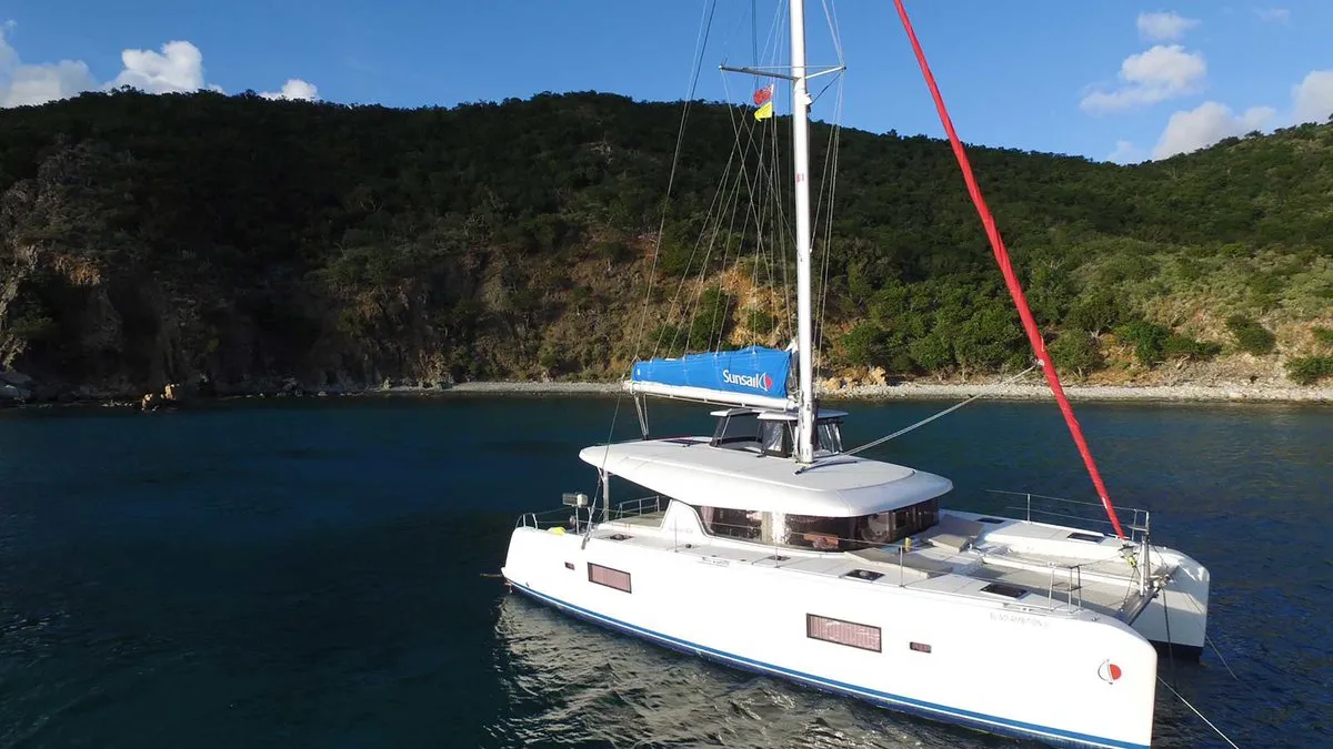 Exterior view of Sunsail Lagoon 424 Classic, a Lagoon 42 catamaran at Municipal Unit of Lefkada, Greece