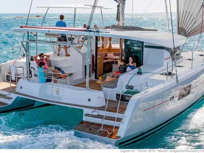 Deck of Sunsail Lagoon 424 Classic, a Lagoon 42 catamaran at Municipal Unit of Lefkada, Greece
