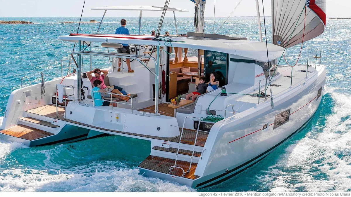 Deck of Sunsail Lagoon 424 Classic, a Lagoon 42 catamaran at Municipal Unit of Lefkada, Greece