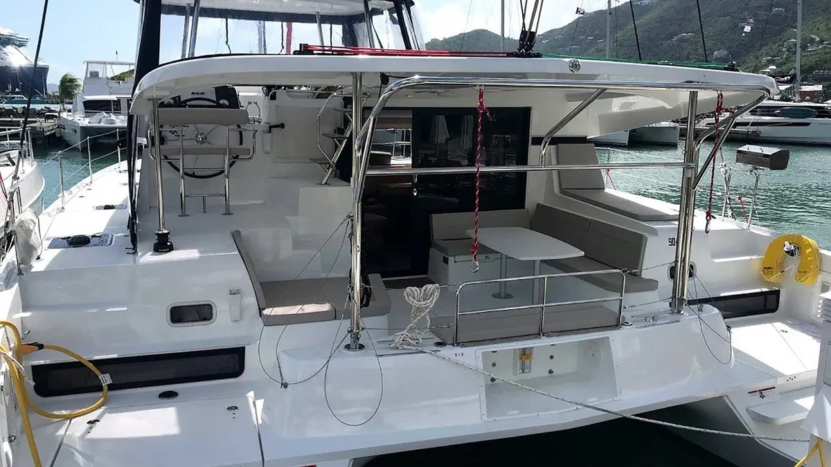 Deck of Sunsail Lagoon 424 Classic, a Lagoon 42 catamaran at Municipal Unit of Lefkada, Greece