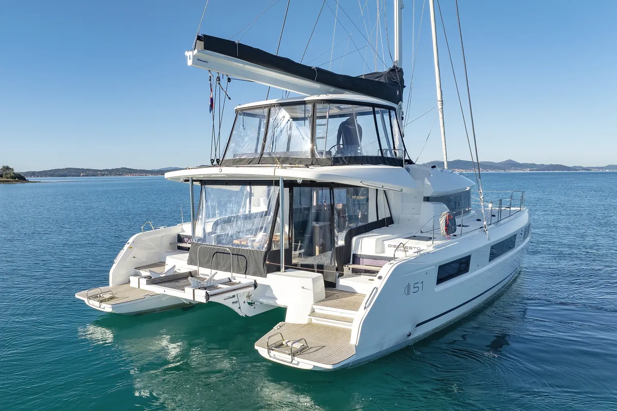 Exterior view of Disonesto, a Lagoon 51 catamaran at Općina Sukošan, Croatia
