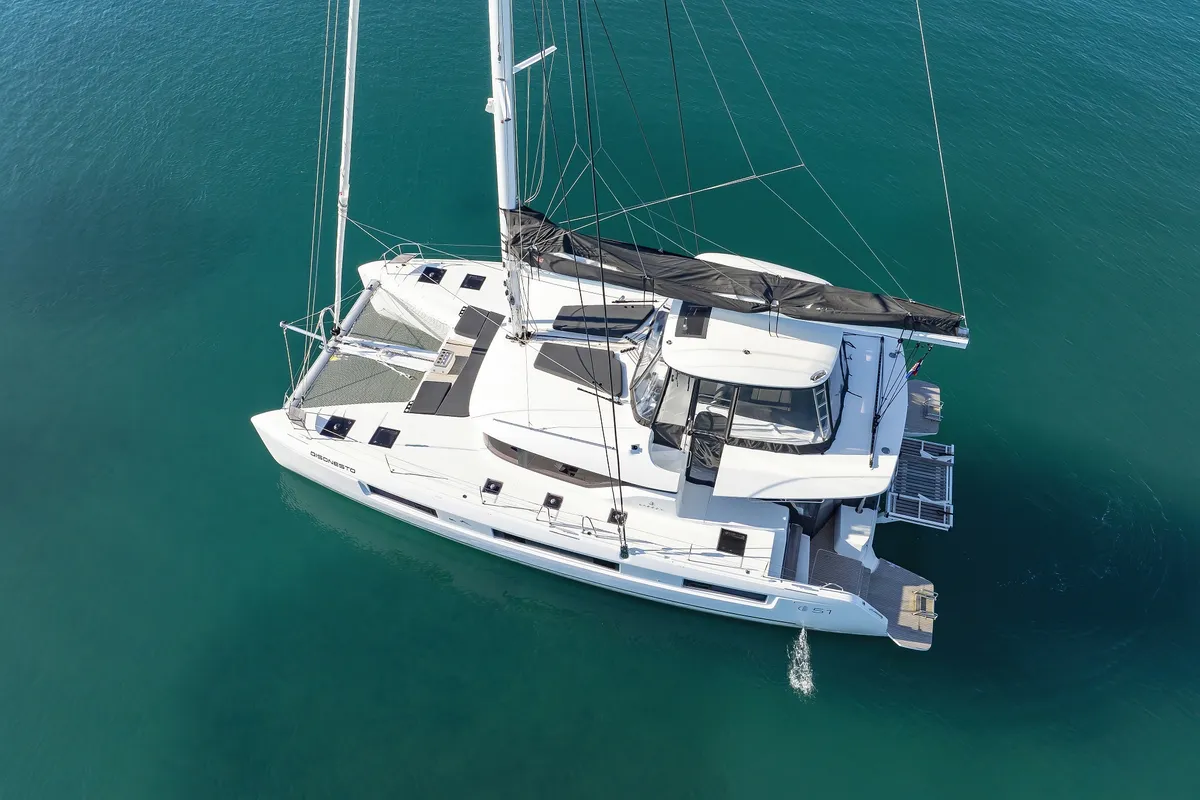 Exterior view of Disonesto, a Lagoon 51 catamaran at Općina Sukošan, Croatia