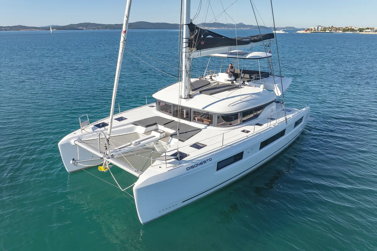Exterior view of Disonesto, a Lagoon 51 catamaran at Općina Sukošan, Croatia