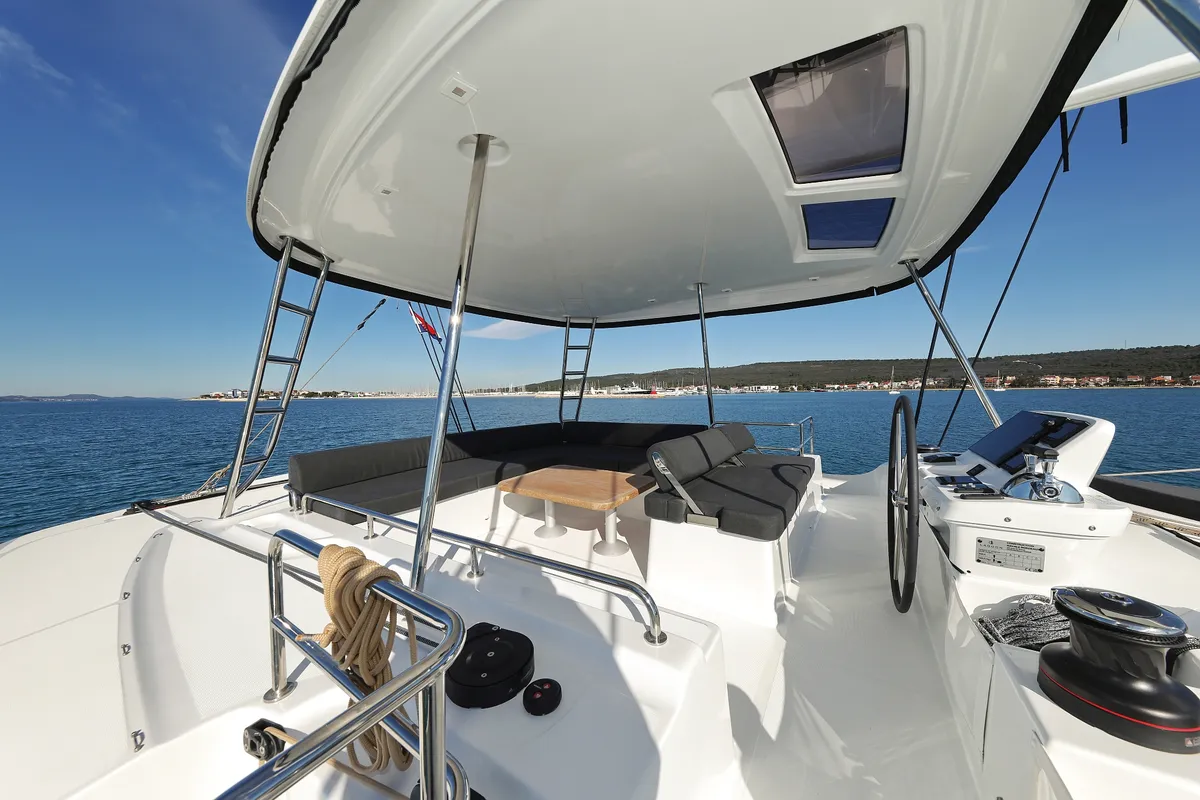 Cockpit of Disonesto, a Lagoon 51 catamaran at Općina Sukošan, Croatia