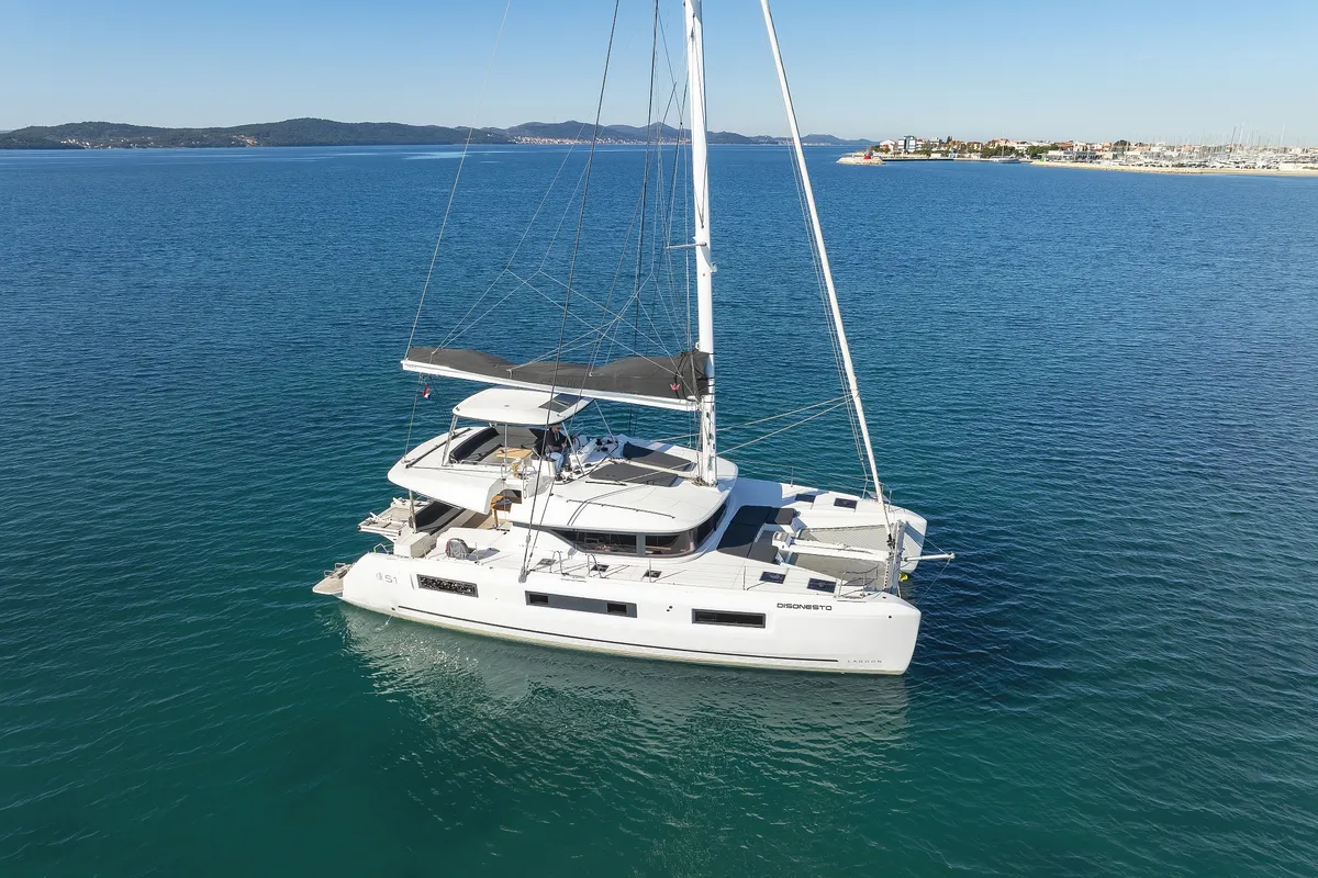 Exterior view of Disonesto, a Lagoon 51 catamaran at Općina Sukošan, Croatia
