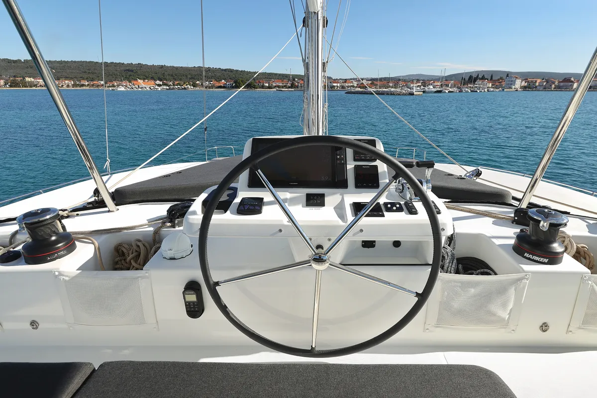 Cockpit of Disonesto, a Lagoon 51 catamaran at Općina Sukošan, Croatia
