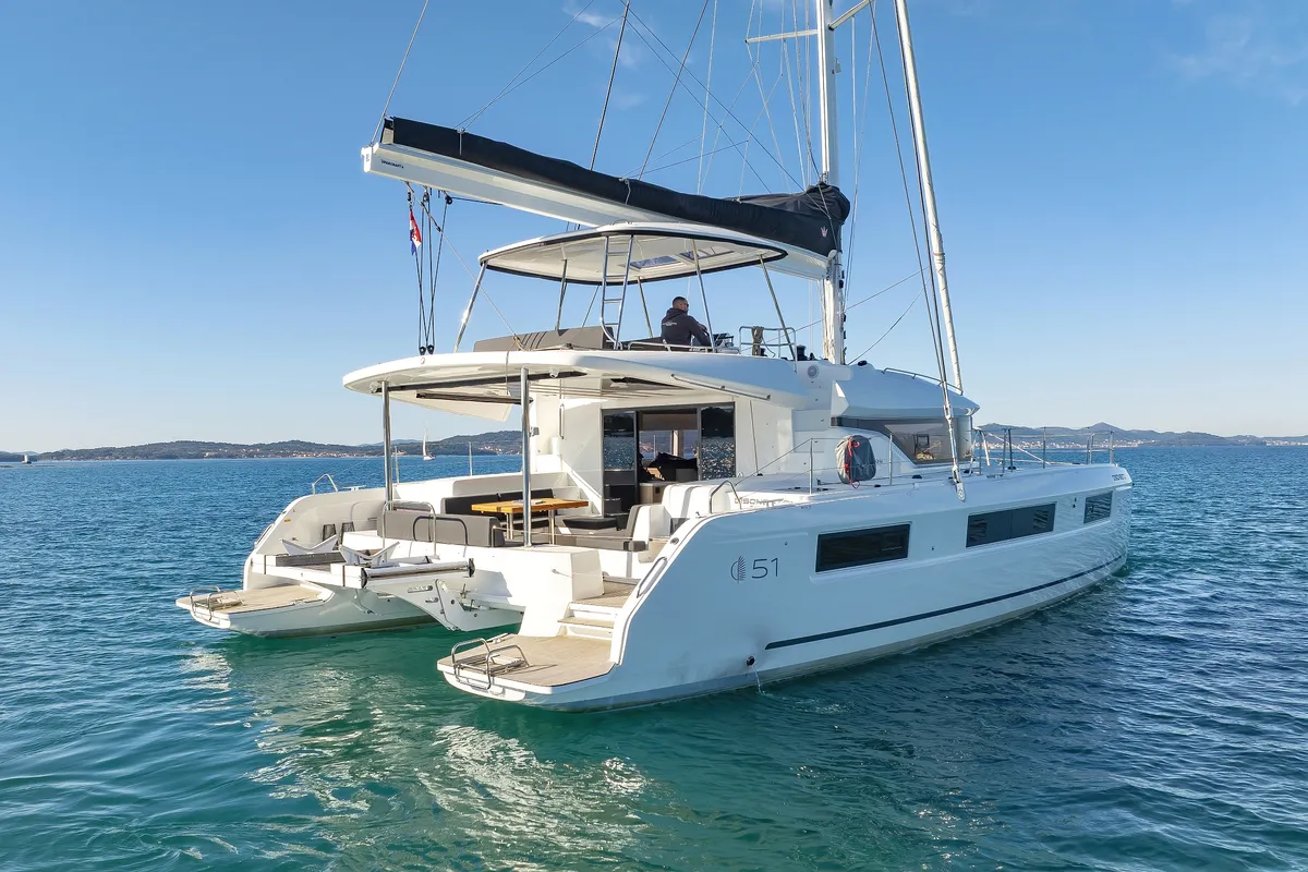 Exterior view of Disonesto, a Lagoon 51 catamaran at Općina Sukošan, Croatia