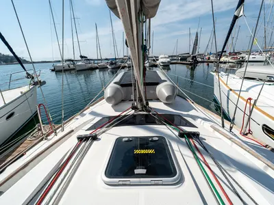Deck of Errika, a Beneteau Oceanis 43 sailboat at Kavala, Greece