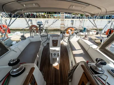 Cockpit of Errika, a Beneteau Oceanis 43 sailboat at Kavala, Greece