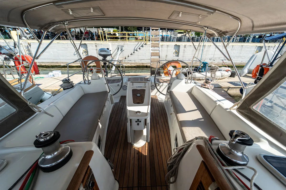 Cockpit of Errika, a Beneteau Oceanis 43 sailboat at Kavala, Greece