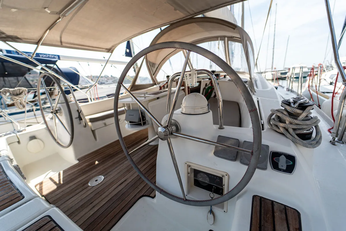 Cockpit of Errika, a Beneteau Oceanis 43 sailboat at Kavala, Greece
