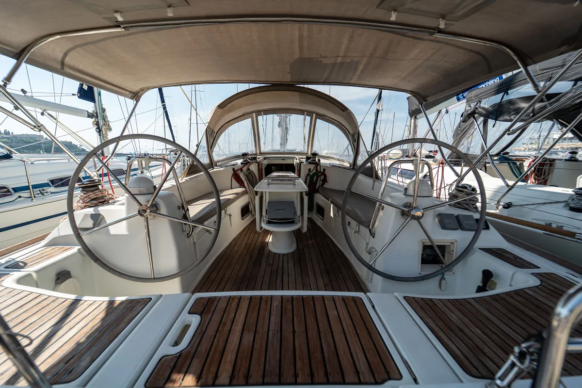Cockpit of Errika, a Beneteau Oceanis 43 sailboat at Kavala, Greece