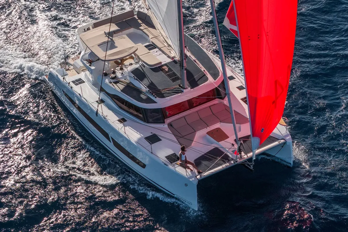Exterior view of Serenus, a Fountaine Pajot FP 44 Maestro catamaran at Road Town, British Virgin Islands