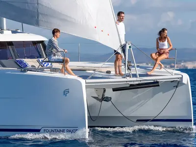 Deck of Serenus, a Fountaine Pajot FP 44 Maestro catamaran at Road Town, British Virgin Islands